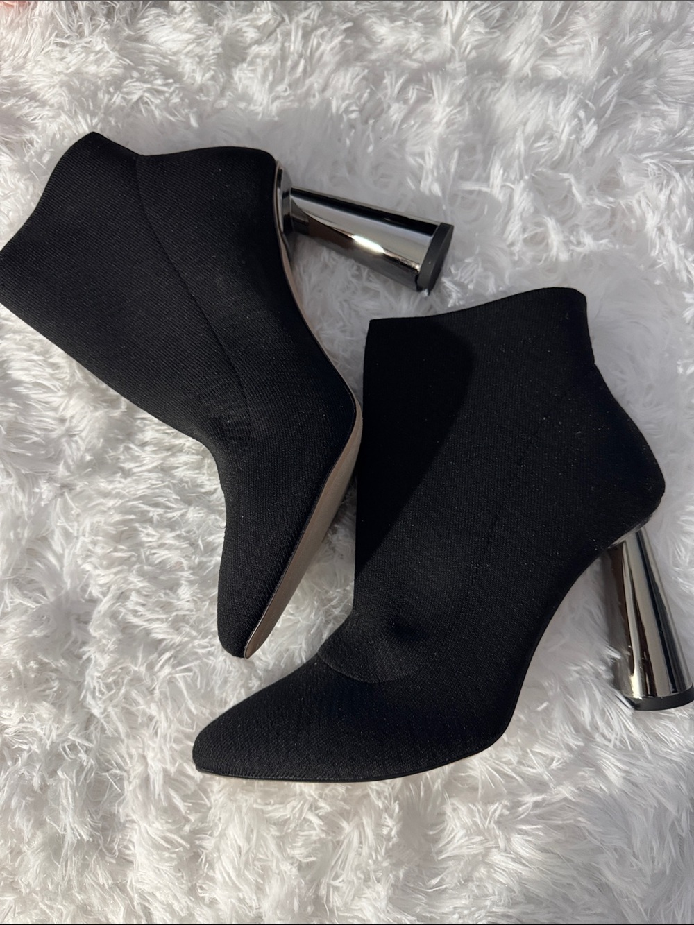 BCBGeneration Black Sock Booties with Silver Cone Heels